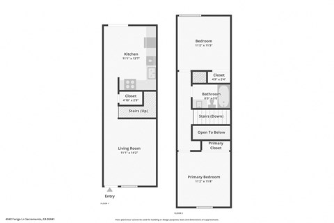 A floor plan of a property with a living room, kitchen, two closets, a bathroom and two bedrooms.